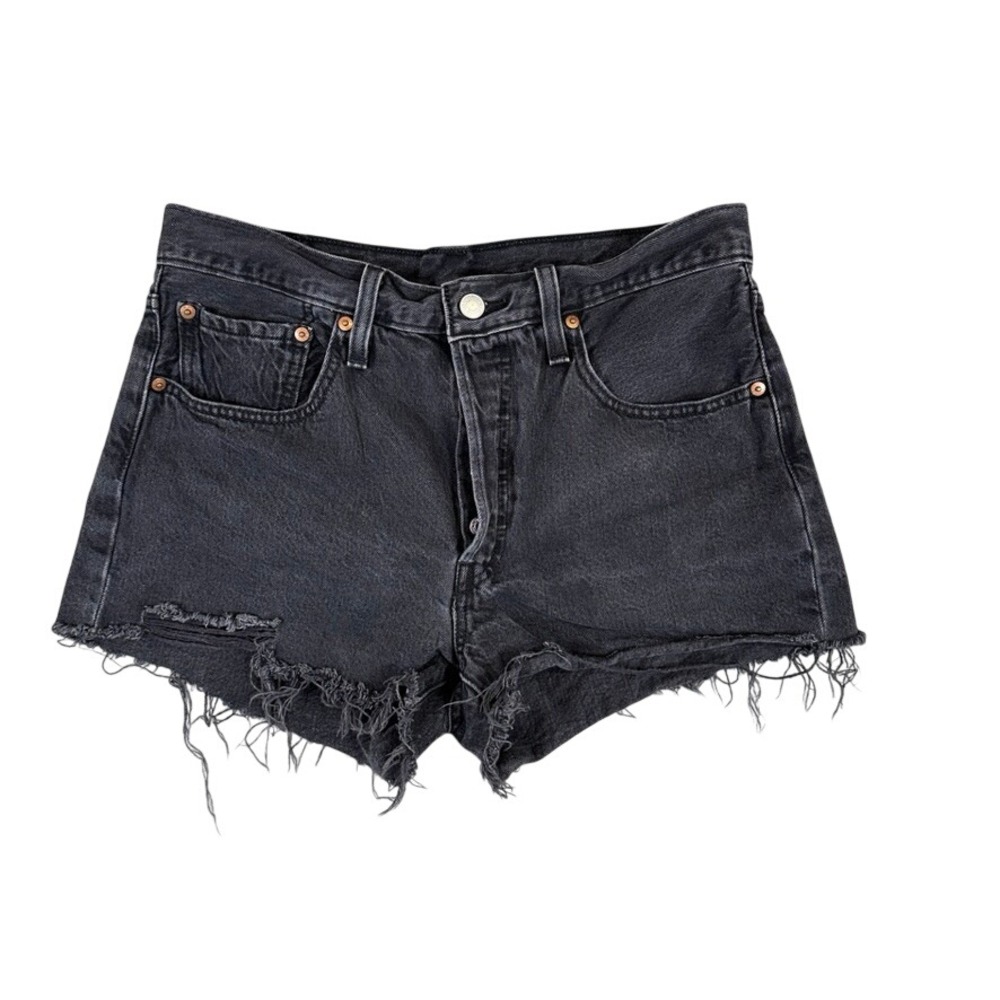 Levis 501 High Rise Distressed Denim Shorts Washed Black Cut Off Button Fly